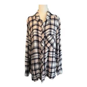 Kenneth Cole Buffalo Plaid Flannel Button Down Shirt Blue Pink White Rayon Knit